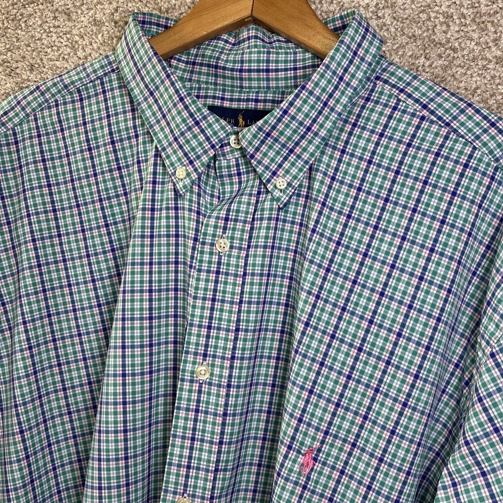Ralph Lauren Shirt Mens Big 4XLT Green Plaid Long Sleeve Button‎ Down Pony Logo